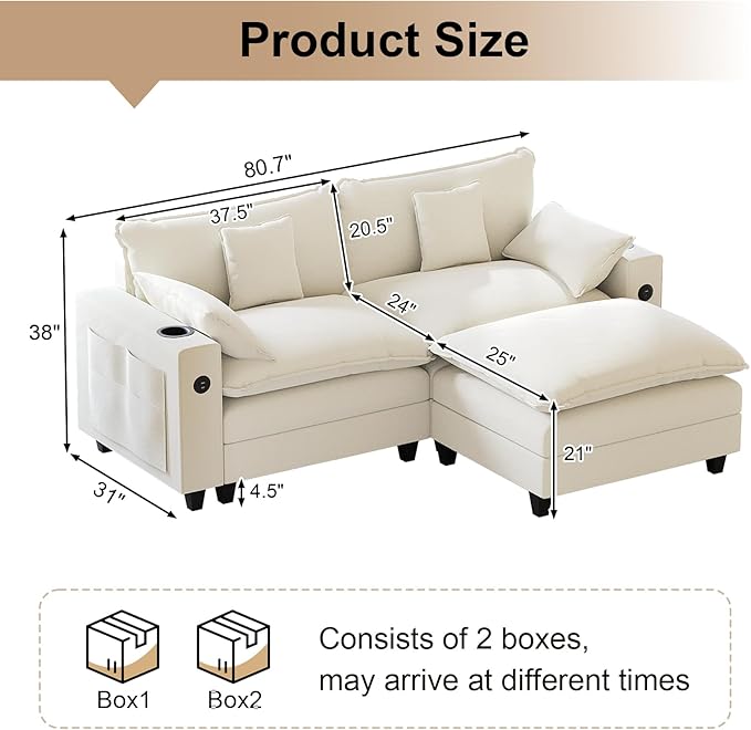 80.7" Modular Sectional Sofa, L Shaped Cloud Couch with Movable Ottoman, Chenille Deep Seat Cloud Sofa with Charging Station, Cup Holder, Side Pocket, Sectional Couches for Living Room, Beige