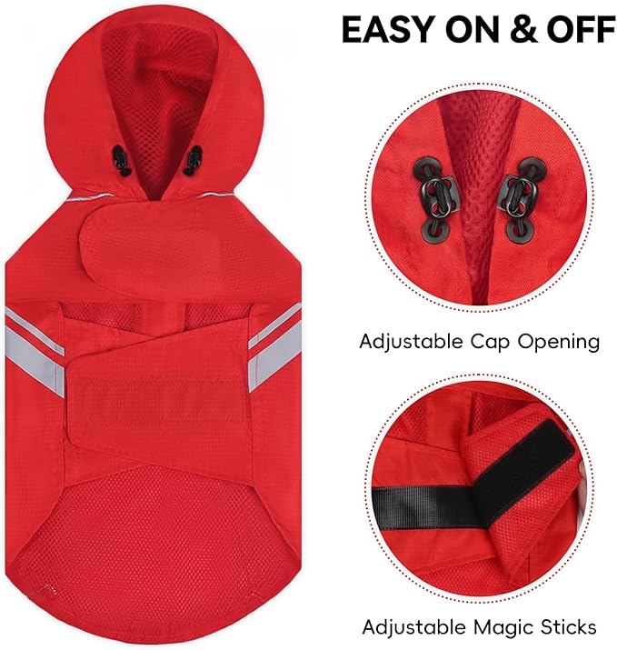 VIVAGLORY Wetoff Dog Raincoat, Rain Coat for Dog All Seasons Adventure, Rain Jacket with Harness Hole & Hood, Reflective Lightweight Waterproof for Doggy & Puppy, XS, Red