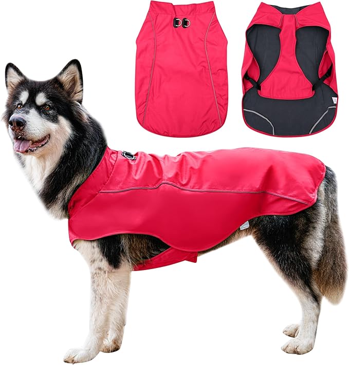 Outdoor Waterproof Dog Jacket for Large Dogs,Doggie Coats with Harness Buitl in D-Ring Warm Fleece Dog Clothes for Cold Winter,Red 3XL