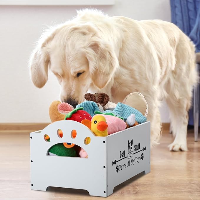 Marsui Wooden Dog Toy Bin Basket with Handle Large Dog Stuff Storage Box Cute Pet Stuff Organizer for Chew, Blankets, Leashes, Food Gift for Living Room Area(White,13.78 Inch)