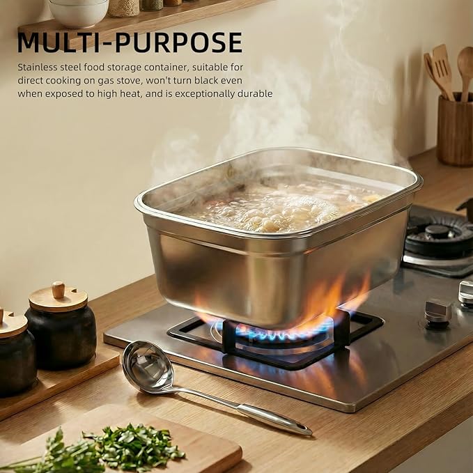 food prep stainless steel containers, turkey container, freezer safe, oven safe, suitable for open flame and induction stove, ideal for pickling kimchi （7500ML/264OZ）