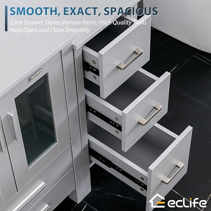 eclife 60" Modern Bathroom Vanity Sink Combo Freestanding Cabinet with Small Side Cabinet, Clear Round Glass Vessel Sink, Water Save Faucet, Drain (Gray+A16)