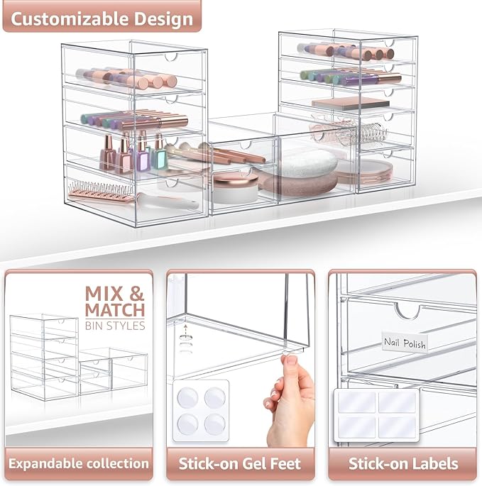 Sorbus Makeup Organizer With 12 Drawers, Acrylic Drawer Organizer for Makeup, Office Organization and Storage, Art Supplies, Jewelry, Stationary - 3 Pcs Clear Stackable Storage Bins Organizer Drawers