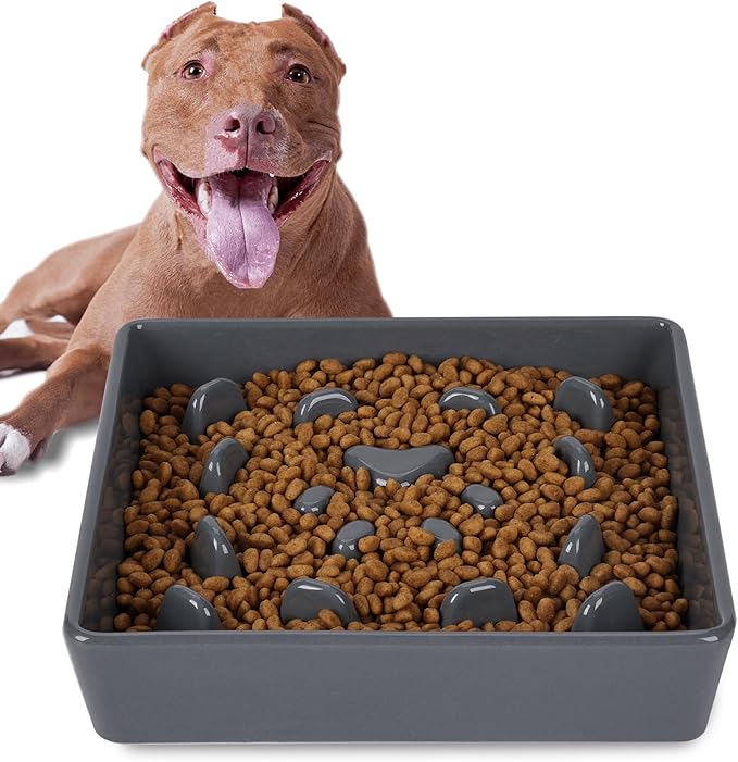 Square Slow Feeder Dog Bowls, Ceramic Fun Slow Eater Bowl for Small Medium Breed (Grey)