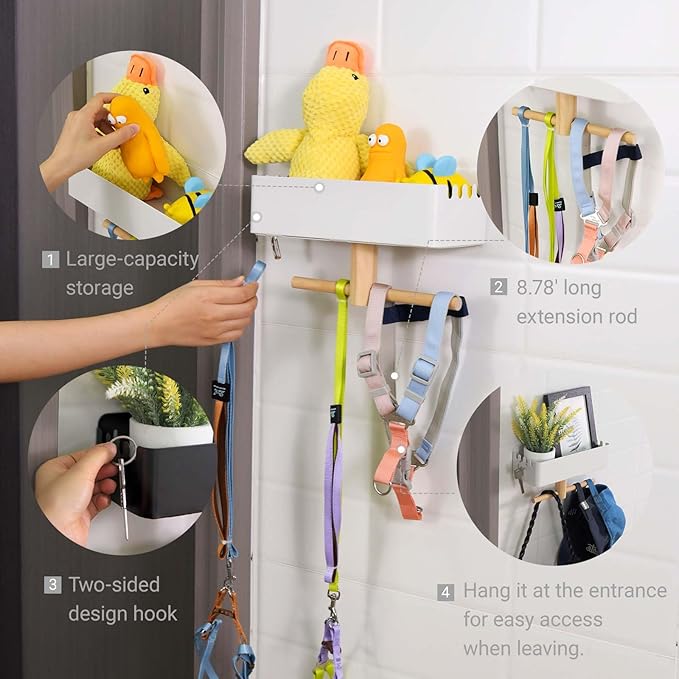 Dog Leash Holder for Wall, Dogs Leash Hooks, Dogs Leashes Shelf Organizer, Pet Stuff Organizer with Shelf Storage, Hooks for Entrance Living Room Kitchen-Gifts for Dog Lovers (Black)