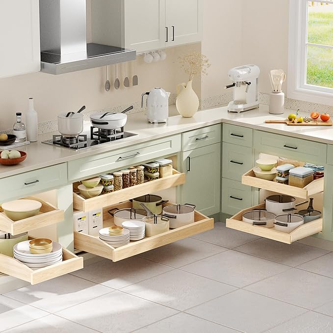 ROOMTEC Pull Out Cabinet Organizer with Soft Close, 13-1/2" W x 21" D, Pull Out Cabinet Drawer for Kitchen cabinets, Pull Out Cabinet Shelf, Finished, Bottom Assembly, 2PCS