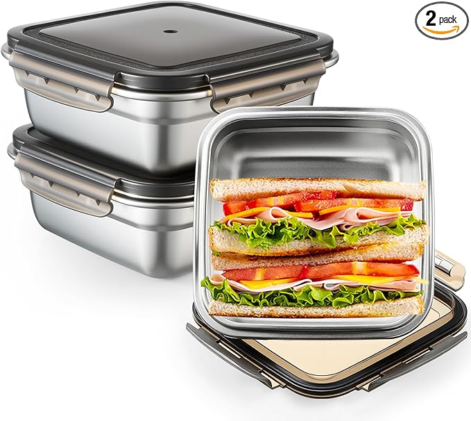 2 Pack Stainless Steel Sandwich Containers with Lids 25.4 oz Metal Food Container for Lunch Boxes with Airtight Silicone Seal for Sandwiches and Snacks(Black)