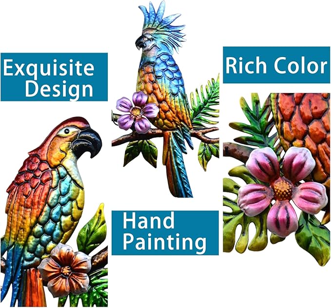Voumsil 3 Pieces Parrot Metal Wall Art Decor Tropical Bird Hanging Outdoor Decor for Patio Balcony Garden Fence Art Living Bedroom Wall Sculpture Indoor Outdoor…