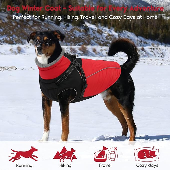 ASENKU Reflective Dog Coat with Built-in Harness, Windproof Fleece-Lined Dog Jacket for Small, Medium, Large Dogs, Warm Winter Vest with Turtleneck & Zipper (Red S)