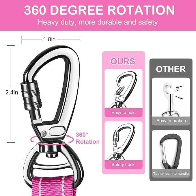 2 Pack Heavy Duty Dog Leash for Medium Large Dogs That Pull,4-6FT Shock Absorbing Bungee Tactical Dog Leash with Control Padded Handle and Car Seatbelt,Reflective Walking Training Lead,Pink