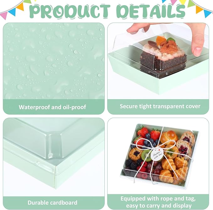 Outus 100 Pack Charcuterie Boxes with Clear Lids, 5.7 x 5.1 '', Mother 's Day Back to School Paper Food Containers Cake Take out Bakery Boxes with Gift Tags Rope for Desserts(Sage Green,Classic)