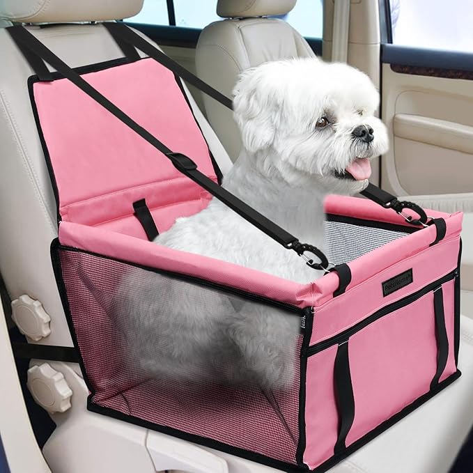 PetsHome Dog Car Seat Foldable Dog Car Booster Seat Waterproof Breathable Oxford Travel Bag for Small to Medium Dogs, Puppies, and Pets-Pure Pink