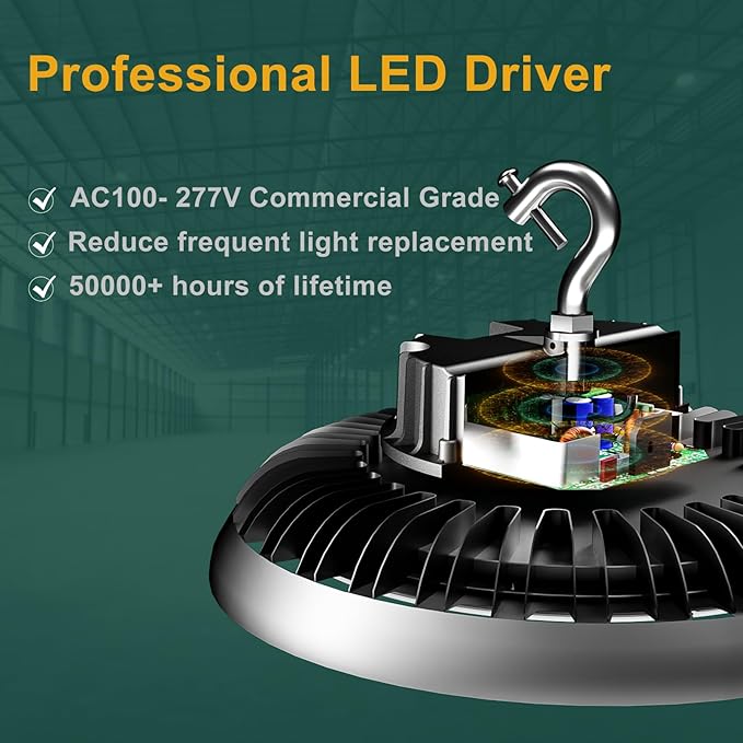 LED High Bay Light 300W（340x1W LED） 45000lm High Bay LED Lights, 5000K High Bay LED Shop Lights with US Plug, AC100-277V UFO Commercial Bay Lighting for 30-55FT Height -2Pack
