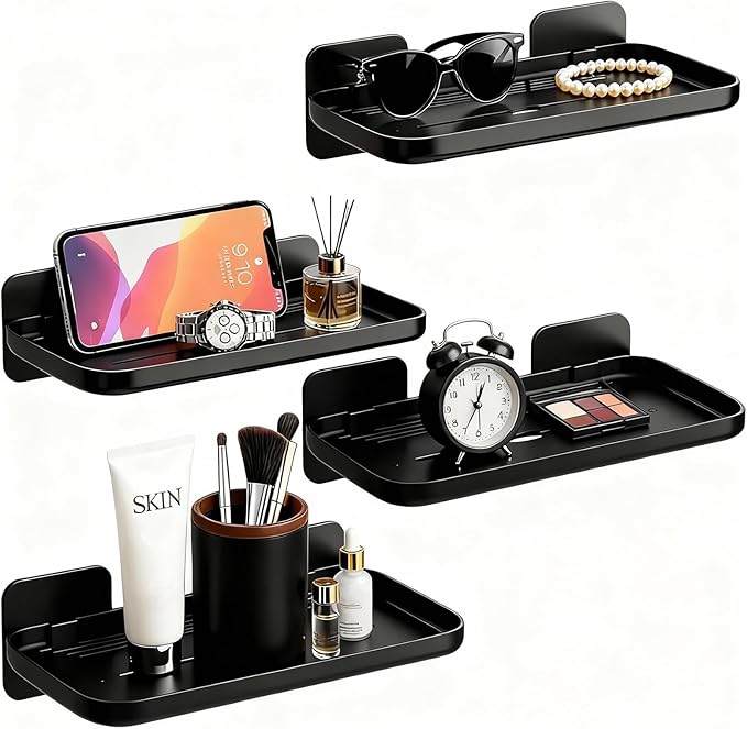2 Pack Adhesive Floating Shelves No Drill Small Floating Shelf for Wall Storage Damage-Free Wall Mounted Organizer for Bathroom, Kitchen, Bedroom & Office (Black-4pcs)