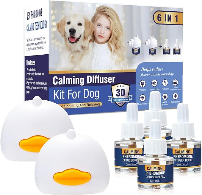 Dog Calming Pheromones Diffuser 6 in 1 Kit Appeasing Pheromone Diffuser to Calm (2 Plug in+4 x48ml Refill) for Anxiety Relief Reduce Aggression Fighting Barking Stress 120 Day Supply
