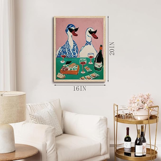 XJYISUO Framed Wall Art Duck Wall Decor Animal Canvas Art Wine Party Pictures Retro Paintings Funny Artwork For Kitchen Dining Room Bar