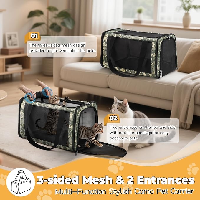 Cat Carrier Soft 25lbs Two Loading Pet Carriers Portable Small Dog Puppy Airline Approved Carrier with Side Pockets Foldable Portable for Outdoor Car Digital Grey