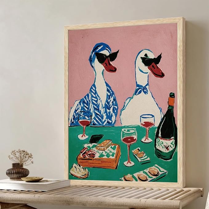XJYISUO Framed Wall Art Duck Wall Decor Animal Canvas Art Wine Party Pictures Retro Paintings Funny Artwork For Kitchen Dining Room Bar