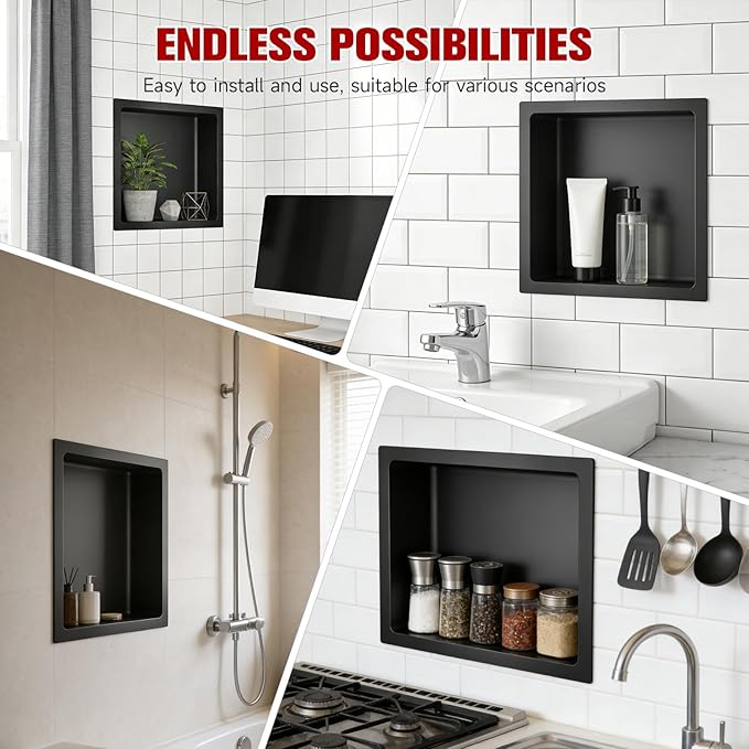 No Tile Needed Shower Niche 13"X 13", Bathroom Wall Niche Single Shelf, Stainless Steel Shower Niche for Bathroom, Kitchens, Balconies