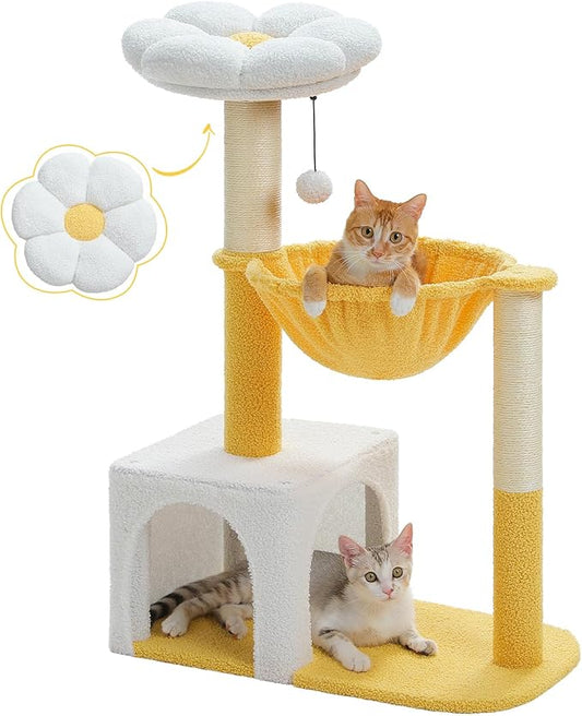 Cute Cat Tree with Flower Top Bed - Cloud Scratching Posts, 35" Small Cat Tower with Large Metal Frame Hammock for Indoor Cats, White Cat Condo for Kittens, Yellow