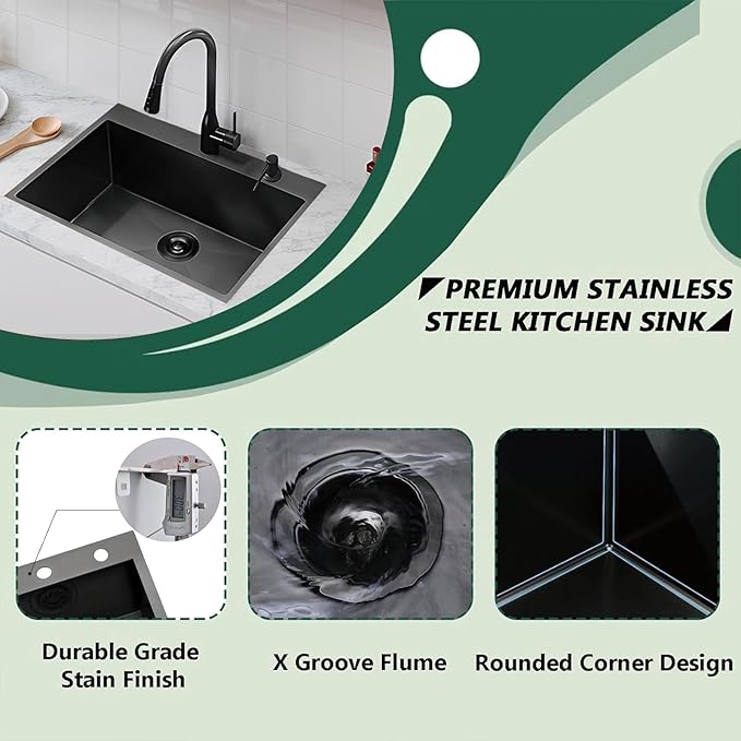 33″x22″x9″ Drop In Black Kitchen Sink, Top mount Stainless Steel Gunmetal Black Sink 16 Gauge Single Bowl, Handmade Commercial Modern Prep Kitchen Sinks