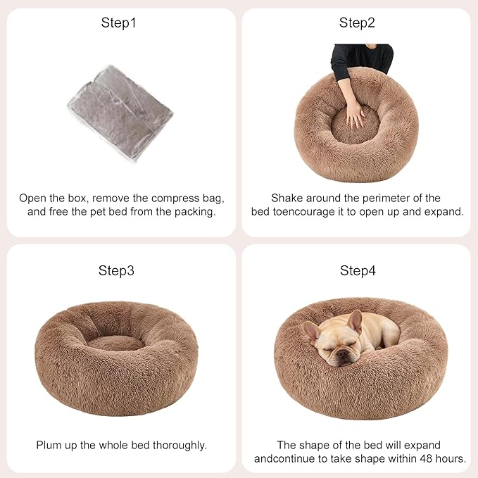 Dog Calming Beds for Small Medium Large Dogs - Round Donut Washable Puppy Dog Bed, Anti-Slip Faux Fur Fluffy Donut Cuddle Anxiety Cat Pet Bed(20'' Khaki