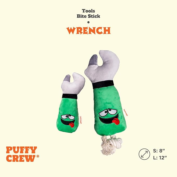 Squeaky Dog Plush Toy, Tools Bite_Stick Collection, 8", for Small and Medium Dogs (Wrench, Small)