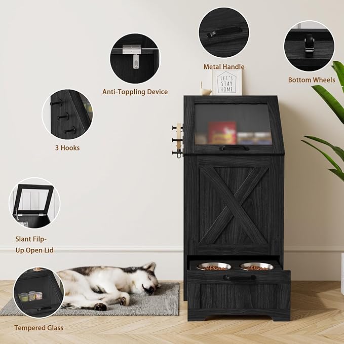 Dog Feeding Station,Dog Food Storage Cabinet,Pet Feeding Station with 2 Elevated Bowls,Hidden Pet Feeder Station with Hooks,Flip Top Pet Storage Organizer for Water,Feeding (Black)