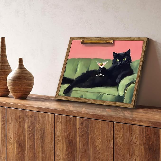Funny Black Cat Martini Wall Art, Bar Cart Decor, Eclectic Cocktail Painting Canvas Print, Cute Animal Artwork Picture for Bedroom Living Room Kitchen 12x16 inch Wood Framed