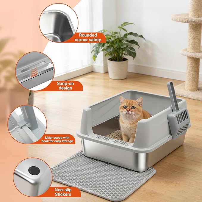 Stainless Steel Litter Box with Lid,Metal Kitty Litter Box,Kitten Litterbox for Small Cats,Non-Stick,Odor-Free,Easy to Clean,Include Litter Mat &Scoop,17.5x13.6x8in