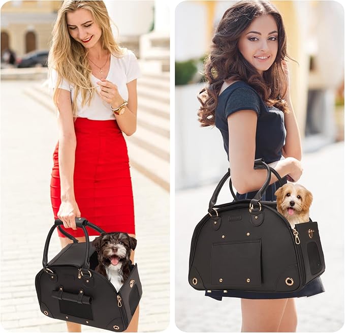 Foldable Premium PU Leather Dog Purse - Portable Pet Carrier Tote Bag for Small to Medium Cats and Dogs (Black-Small)