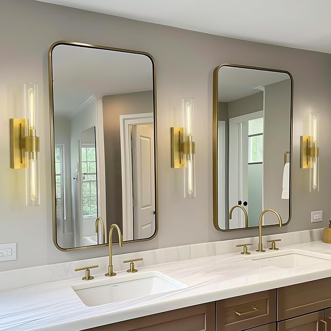 Brass Bathroom Vanity Light, 2-Light Bathroom Wall Sconce Over Mirror, 22.8" Gold Vanity Light for Bathroom, Dimmable Vanity Sconce with Glass Tube, Bathroom Linear Sconce for vertical and horizontal