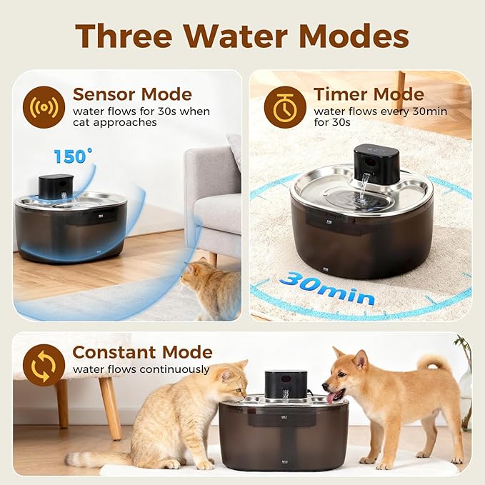 Pumpless Cat Water Fountain Stainless Steel, 108oz/3.2L Wireless Cat Dog Pet Fountain, 5000mAh Battery, Sensor, Timer and Continuous Water Modes, Suitable for Cats and Small Dogs Indoor