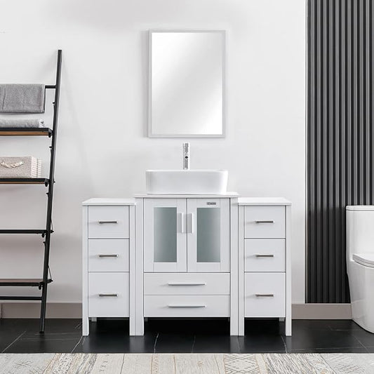 eclife 48" Modern Bathroom Vanity Sink Combo Freestanding Cabinet with Small Side Cabinet, White Rectangle Ceramic Vessel Sink, Water Save Faucet, Drain (White+T03)