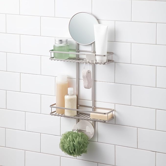 iDesign Self-Adhesive Shower Caddy with Mirror and Accessory Hooks - Satin