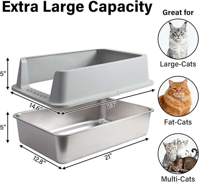 Stainless Steel Litter Box with Lid,XL Metal Cat Litter Box,Extra Large Litterbox for Big with High Sides,Non-Stick, Odor-Free,Easy to Clean,Include Litter Mat &Scoop,23x14.6x10in