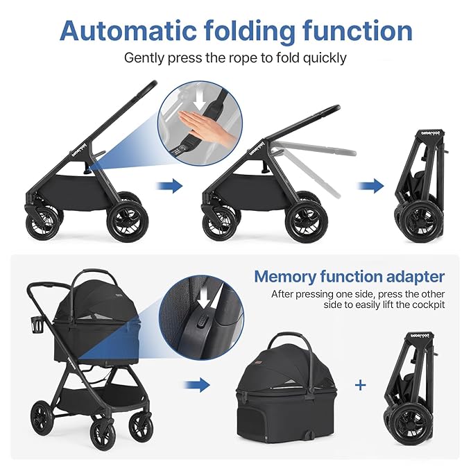 X-5 Luxury Pet Stroller for Medium Dog Under 55lbs or 2 Small Dogs & Cats, One-Touch Folding, Adjustable Handle and Detachable Carrier (Inflatable-Wheels Black)