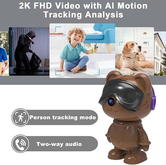 dzcctvipc-Cute Bear-2K Wireless-Smart Robot-Home Security - Camera,Nanny & Pet Motion Monitor,Baby Cry Detection Alarm,Privacy Mode,5G Dual-Band,PanTilt,Full HD Night Vision,24/7 Recording,2-Way Audio