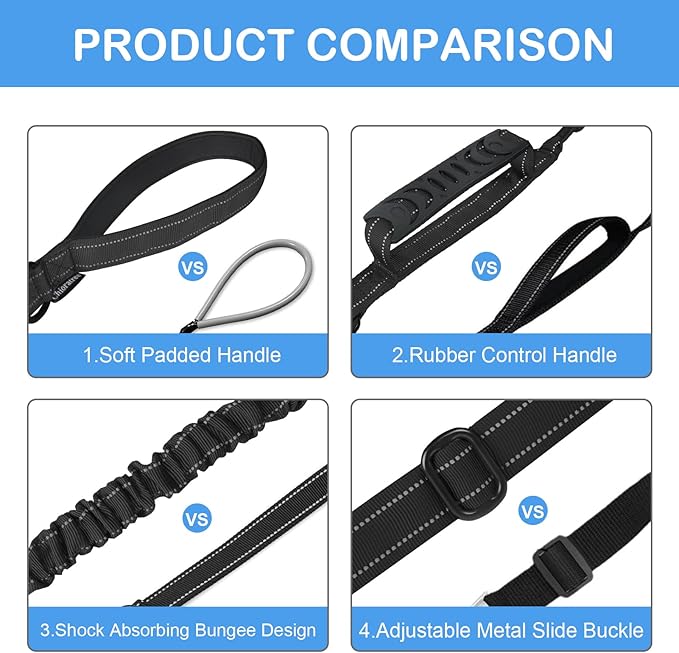 2 Pack Heavy Duty Dog Leash for Medium Large Dogs That Pull,4-6FT Shock Absorbing Bungee Tactical Dog Leash with 2 Padded Handle Car Seatbelt,Reflective Walking Training Lead,Black Teal