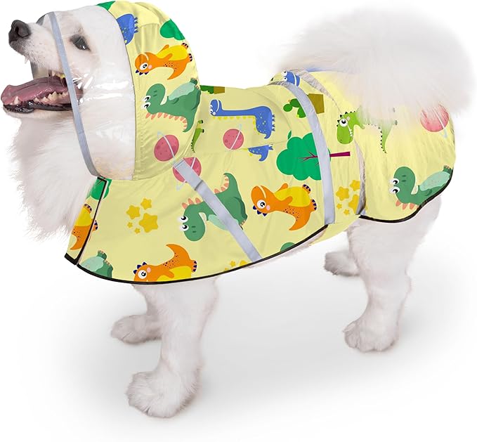 Dog Raincoat, Adjustable Rain Jacket with Hooded Double Layer for Large Medium Small Dogs Puppies, Lightweight Waterproof Rain Coat Poncho with Reflective Stripe Dinosaurs Yellow,S