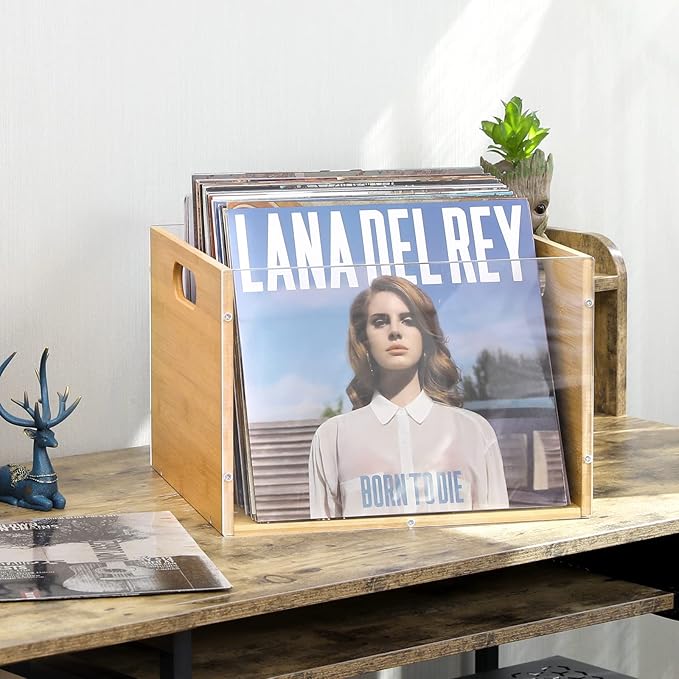 Record Album Storage Crate, Bamboo & Acrylic Vinyl Record Crate, Multifunctional Visible Record Holder Crate with Handle, Great for Storing Vinyl Record LP's/Albums Hanging Letter Size Folders Toy