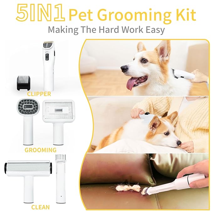 Lanchez Dog Grooming Kit & Vacuum with Low Noise, 12Kpa Suction Pet Grooming Vacuum, 2 Suction Mode, 1.5L Capacity, 5 in 1 Dog Vacuum for Shedding Pet Hair, Home Cleaning