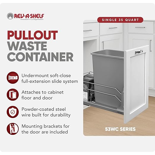 Rev-A-Shelf Pullout Trash Can for Under Kitchen Cabinets 35 Quart 8.75 Gallon with Soft-Close Slides and Rear Storage, Silver, 53WC-1535SCDM-117