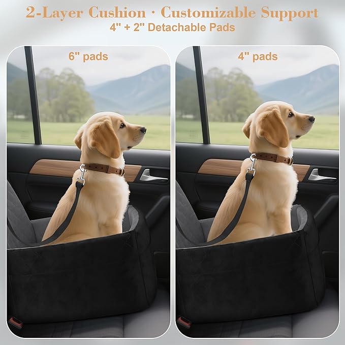 Dog Car Seat for Small/Medium Dogs,Pet Dog Booster Car Seat Puppy 15-35 lbs with Soft 4+2in Detachable Pads Detachable Elevated Cushion and Washable Cover Safety Belt Storage Pockets Easy to Install