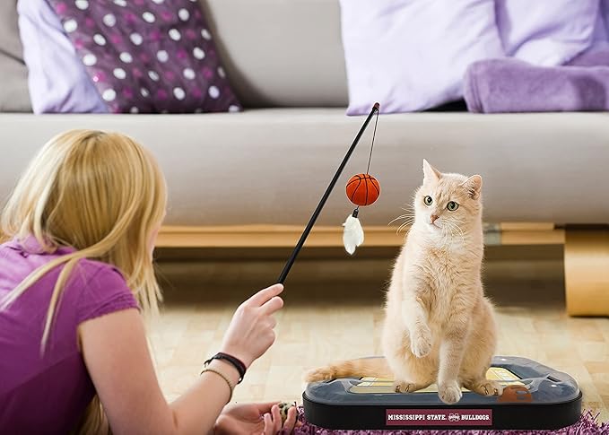 Cat Scratch Toy NCAA Mississippi State Bulldogs Reversible Basketball Court Felt/Cardboard Cat Scratcher Toy. Interactive Cat Ball Bell. 6-in-1 CAT Toy: Cat Wand Poll Catnip-Filled Plush Basketball