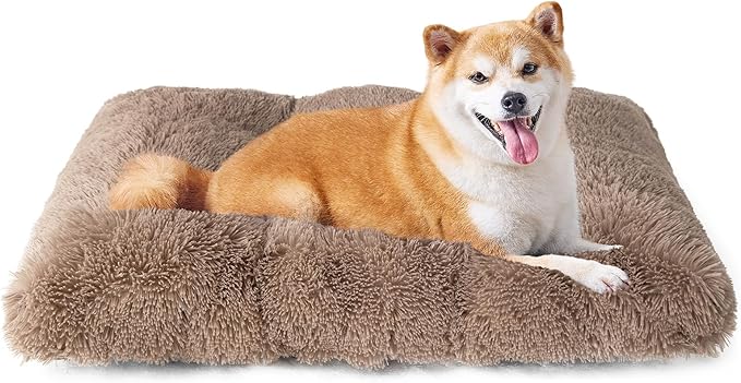 EHEYCIGA Fluffy Dog Crate Bed for Large Dogs, Plush Faux Fur Crate Pad, Calming Anti Anxiety Large Dog Bed, Washable Soft Warm Mat with Non-Slip Bottom, Camel