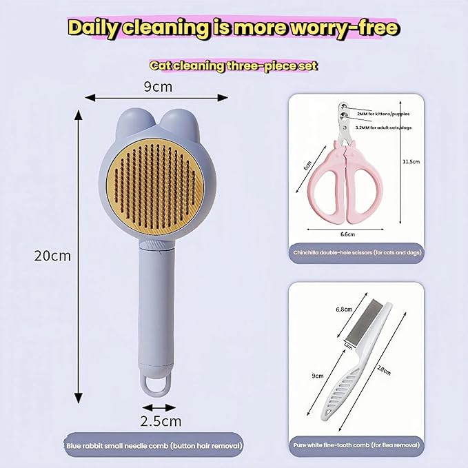 3-Set Self-Cleaning Pet Grooming Brush - Deshedding Tool for Dogs & Cats, Skin Friendly Hair Remover for Long & Short Haired Pets, Professional Dog & Cat Brush for Shedding Control(White)