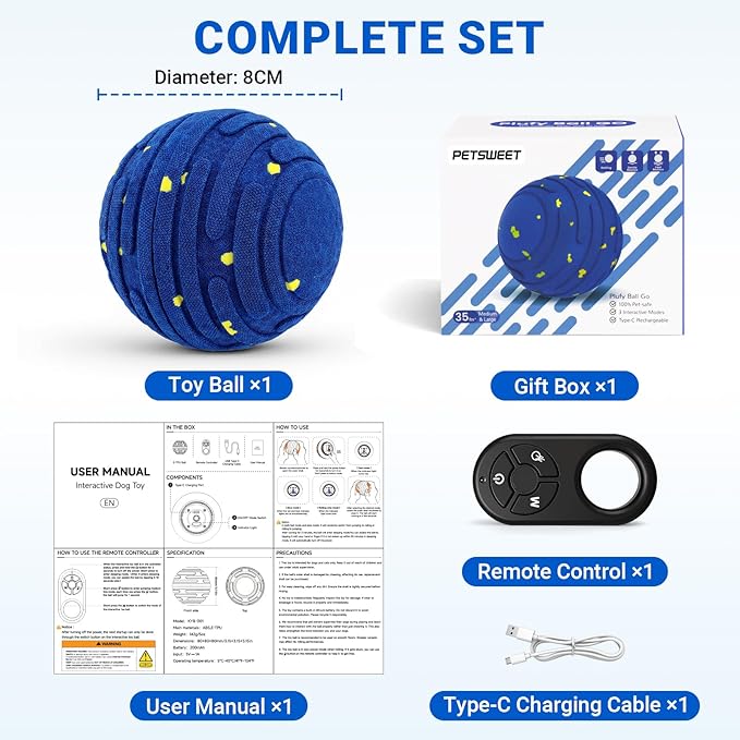 Smart Interactive Dog Toy with Remote Control, E-TPU Toy Ball for Aggressive Chewers, Automatic Moving, IPX6 Waterproof, Rechargeable Rolling Ball for Small/Medium/Large Dogs, BLU&YLW