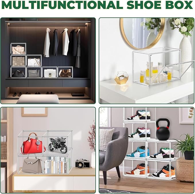 12 Pack X-Large Acrylic Purse Storage Display Case 14.1x8.9x10.6'',Size 15 Clear Shoe Box,Stackable Sneaker Case with Magnetic Lid, Multipurpose Closet Storage Bin for Handbag,Cosmetics,Collectibles