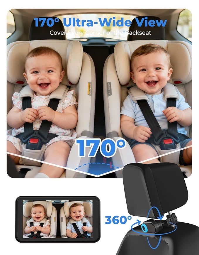 BM2A Baby Car Camera – 3X Zoom to See Baby Clearly, 5.2" 1080P Display & Auto IR Night Vision, Rear-Facing View Monitor, Easy Install for Parents & Pet Owners